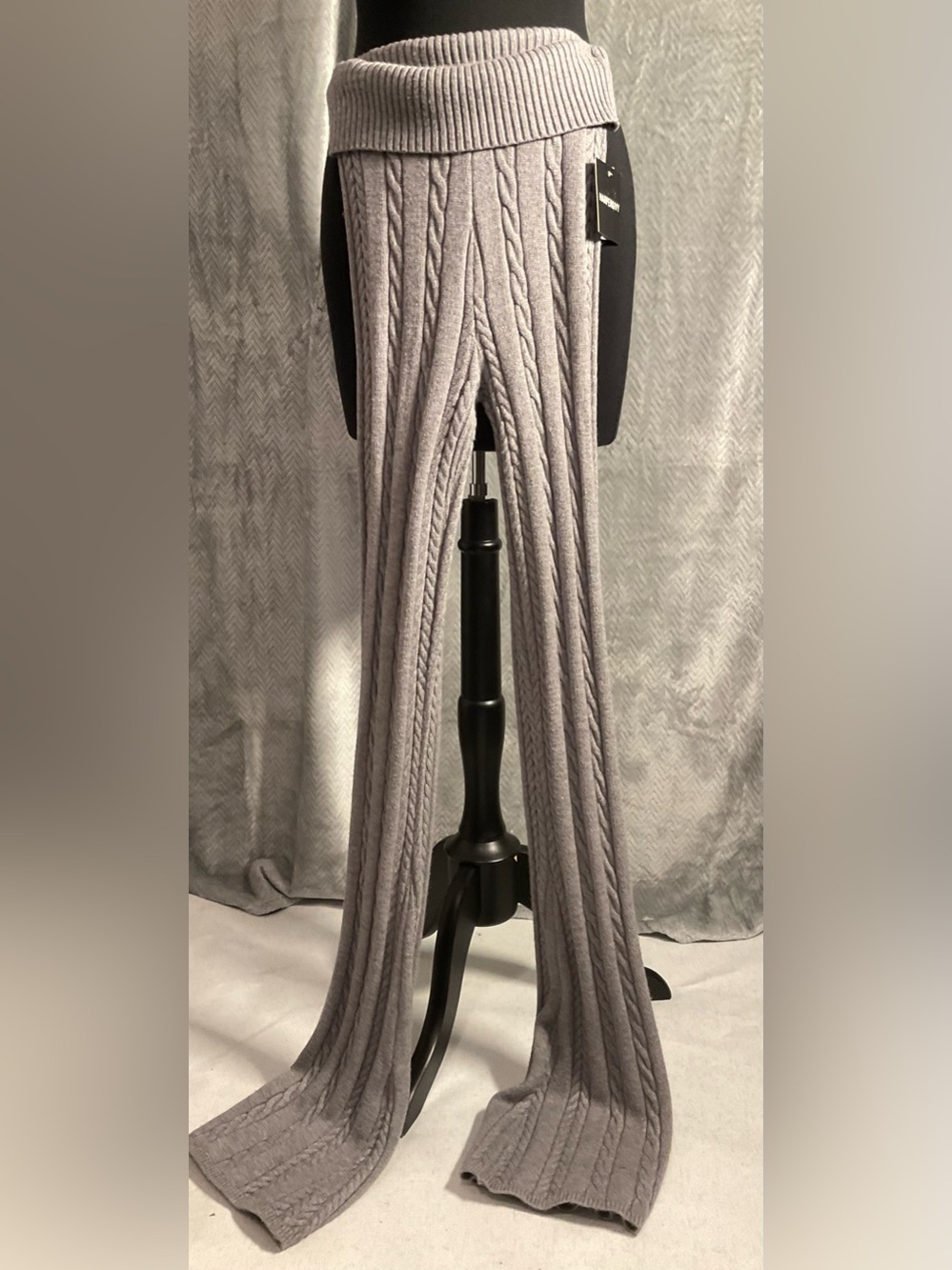 Wide-Leg Cable Knit Foldover Waist Pants - Light Gray